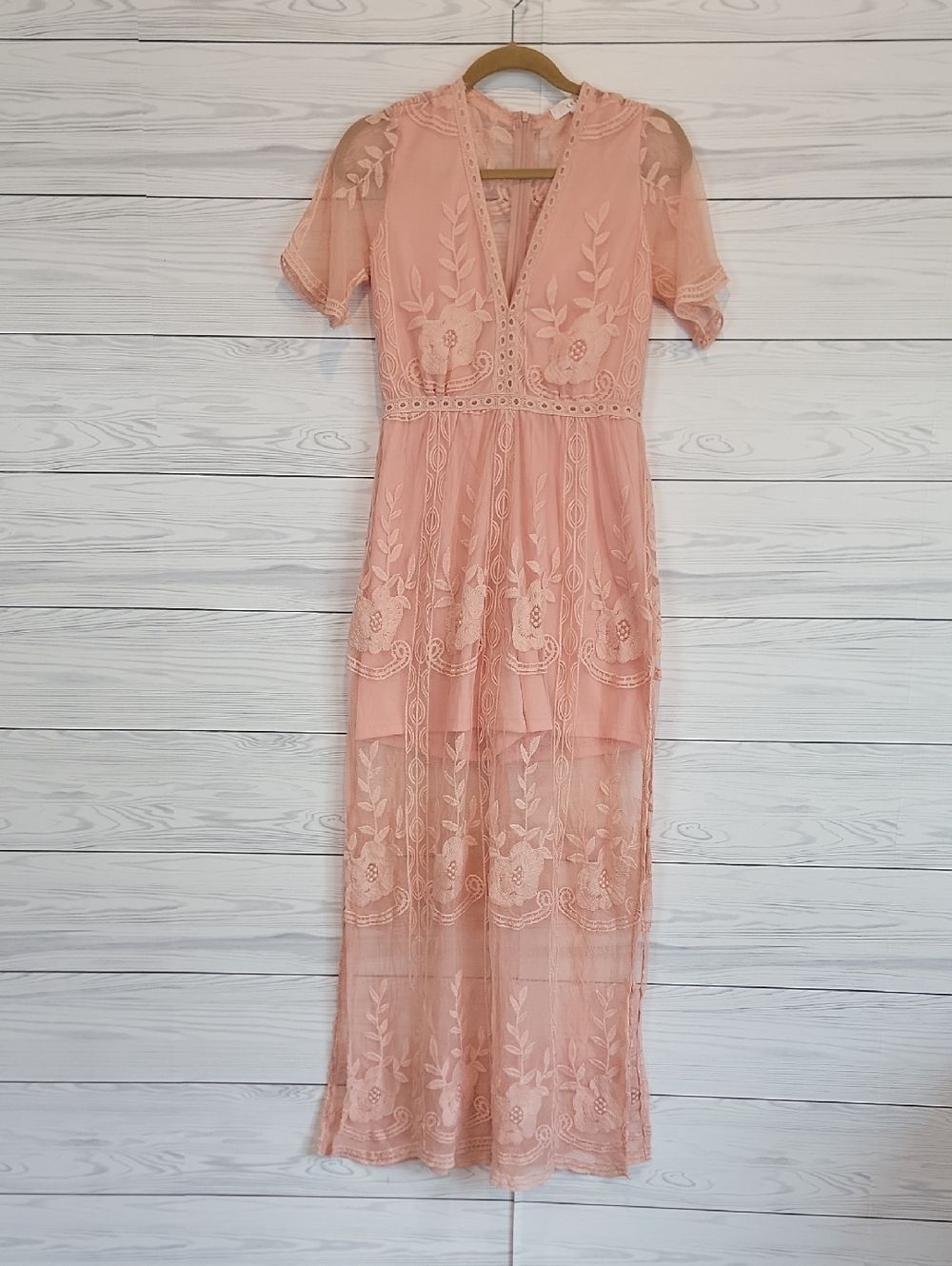 Eleter Lace Embroidered Romper With Maxi Dress Overlay- Rose Pink Size S